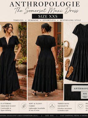 Anthropologie Somerset Maxi Dress Black Size XXS Boho Tiered Smocked Waist EUC